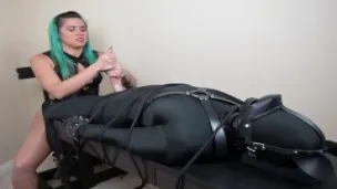 Femdom mistress edges and denies tied up BDSM puppy in bondage handjob